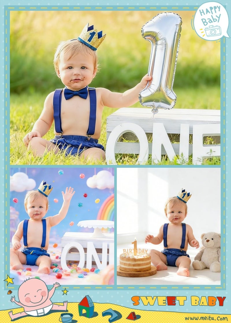 WELROG Baby Boys First Birthday Cake Smash Outfit Bow Tie Suspenders Bloomers Birthday Hat Sparkle Gold Set (Royal Blue) - Image 2